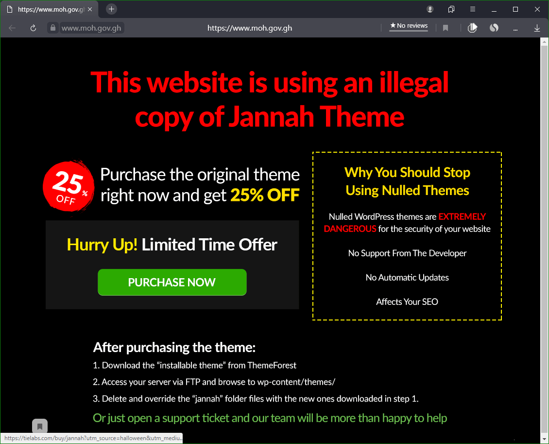 Breaking: Ghana’s Ministry of Health Website nabbed using stolen WordPress theme