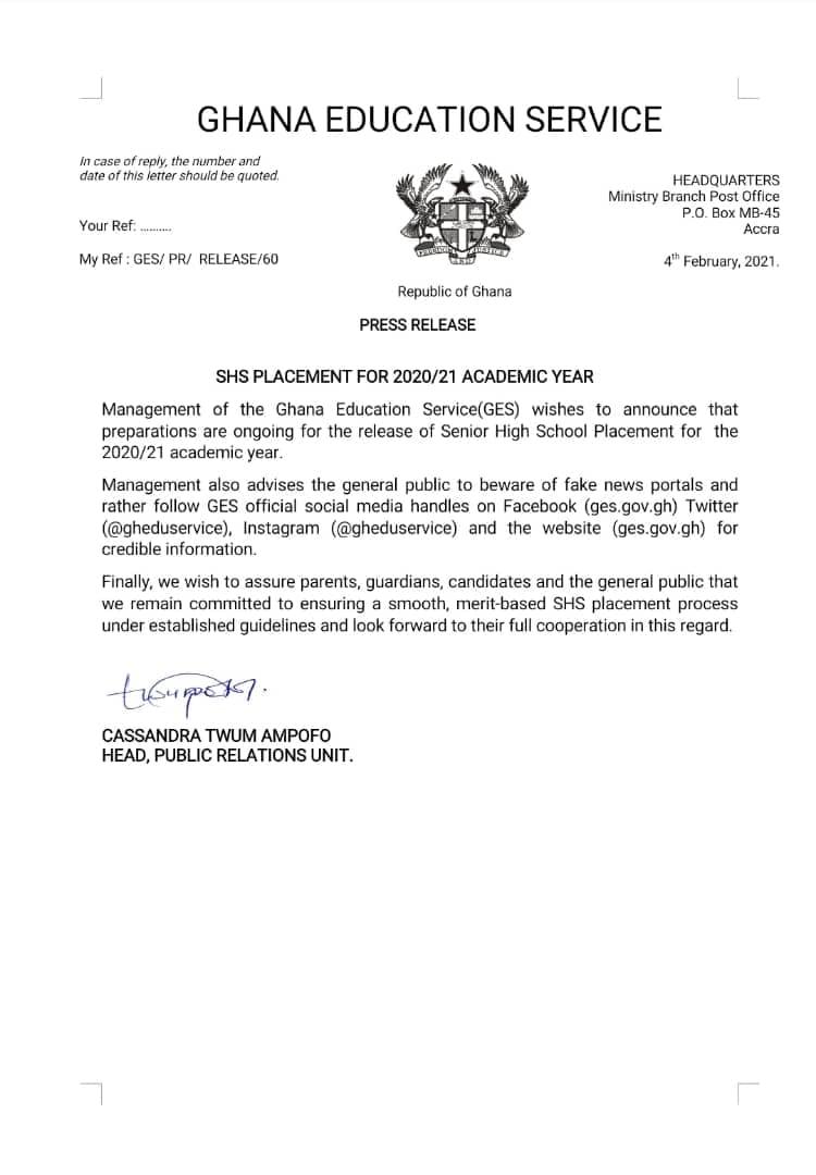 SHS School Placement: GES gives a new update on the online release